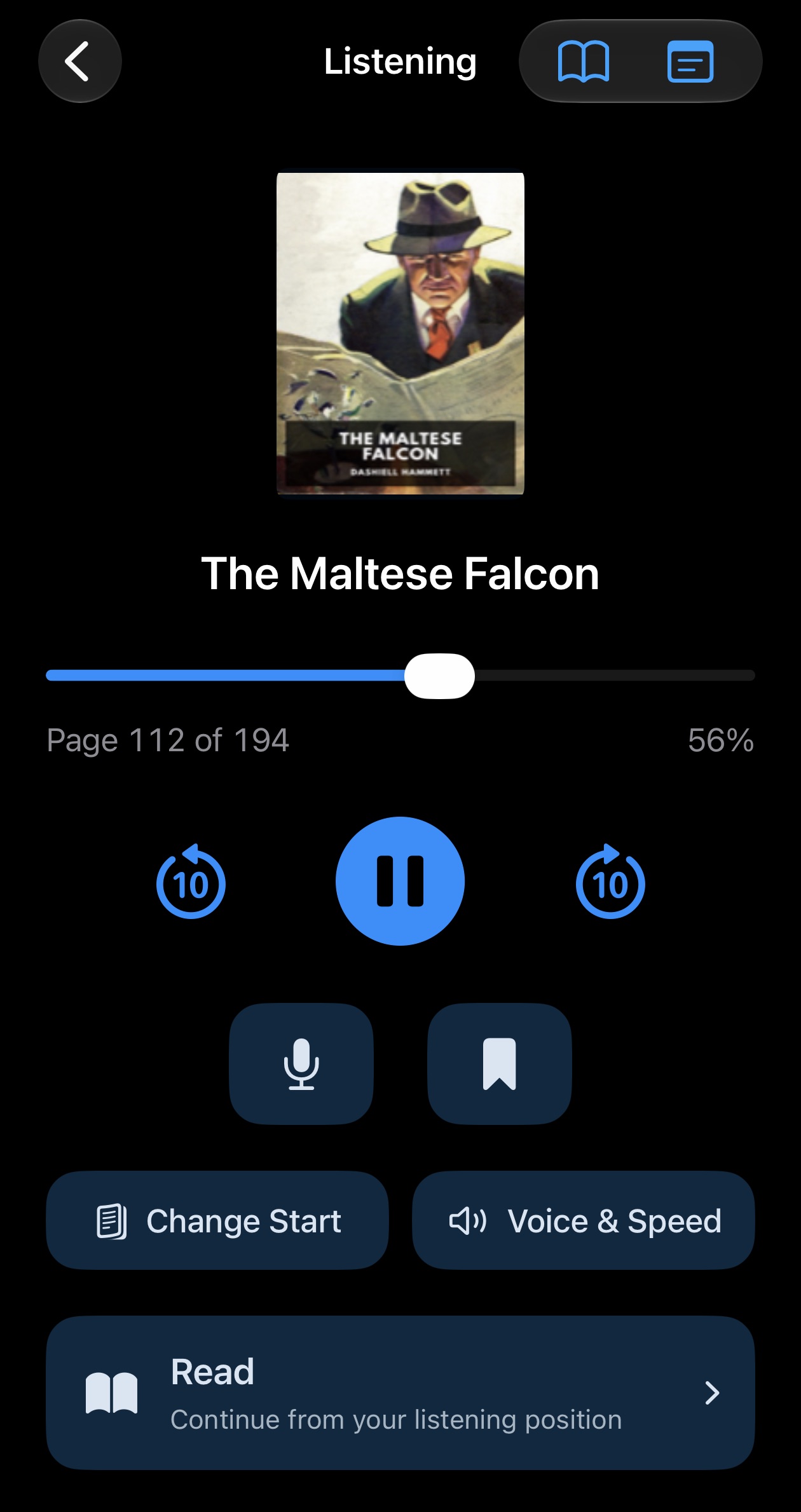 RoadNote listening screen with book cover, progress bar, playback, bookmark, and voice-note controls